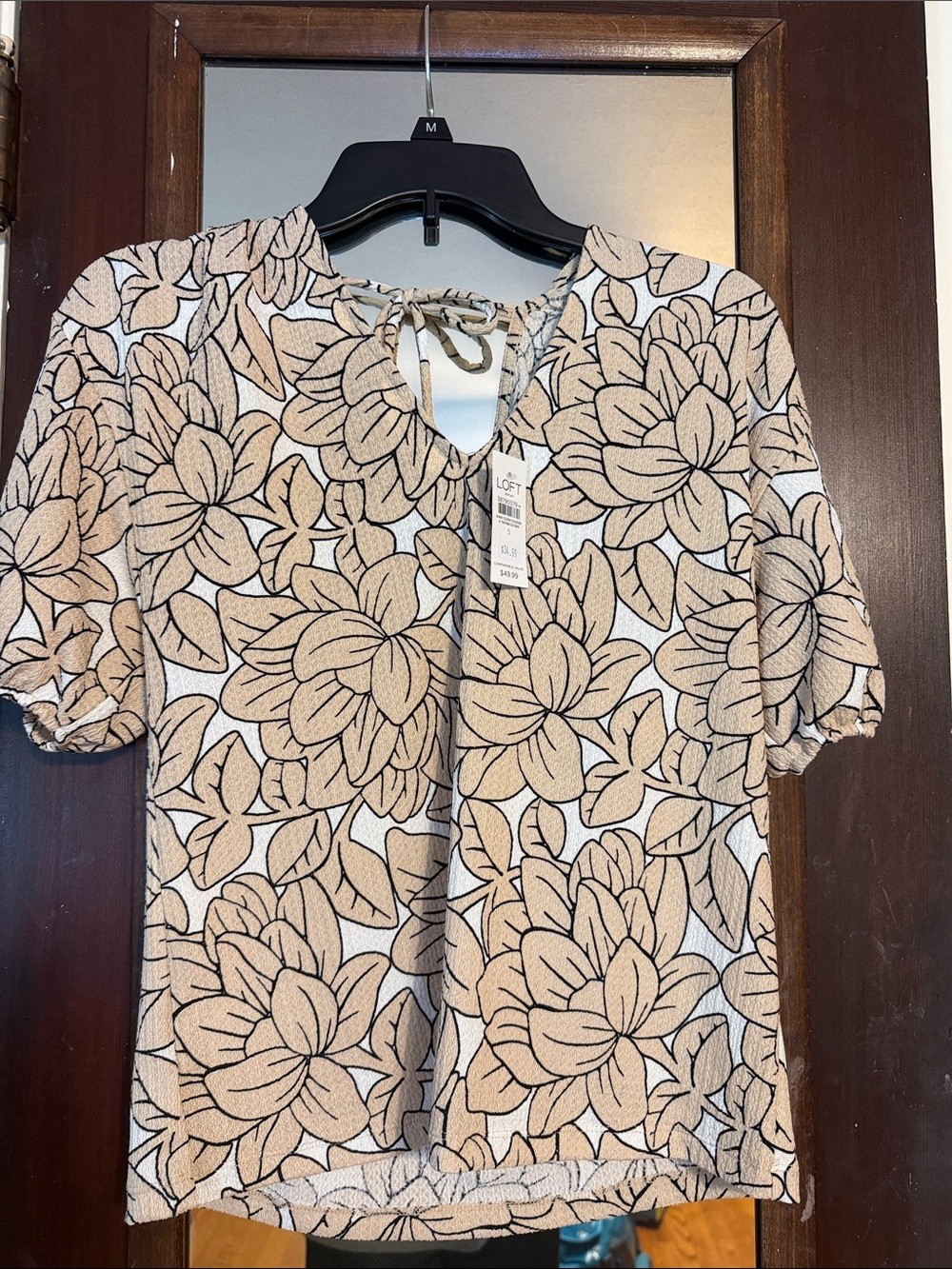 LOFT Cream and Tan Floral Tie-Detail Short Sleeve Blouse